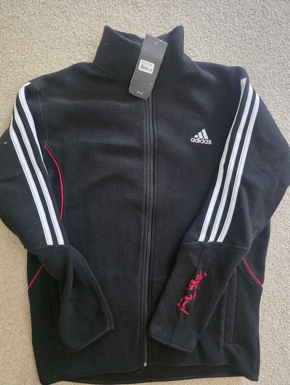 adidas Men’s Black Zip-Up Fleece Jacket with Red Embroidery